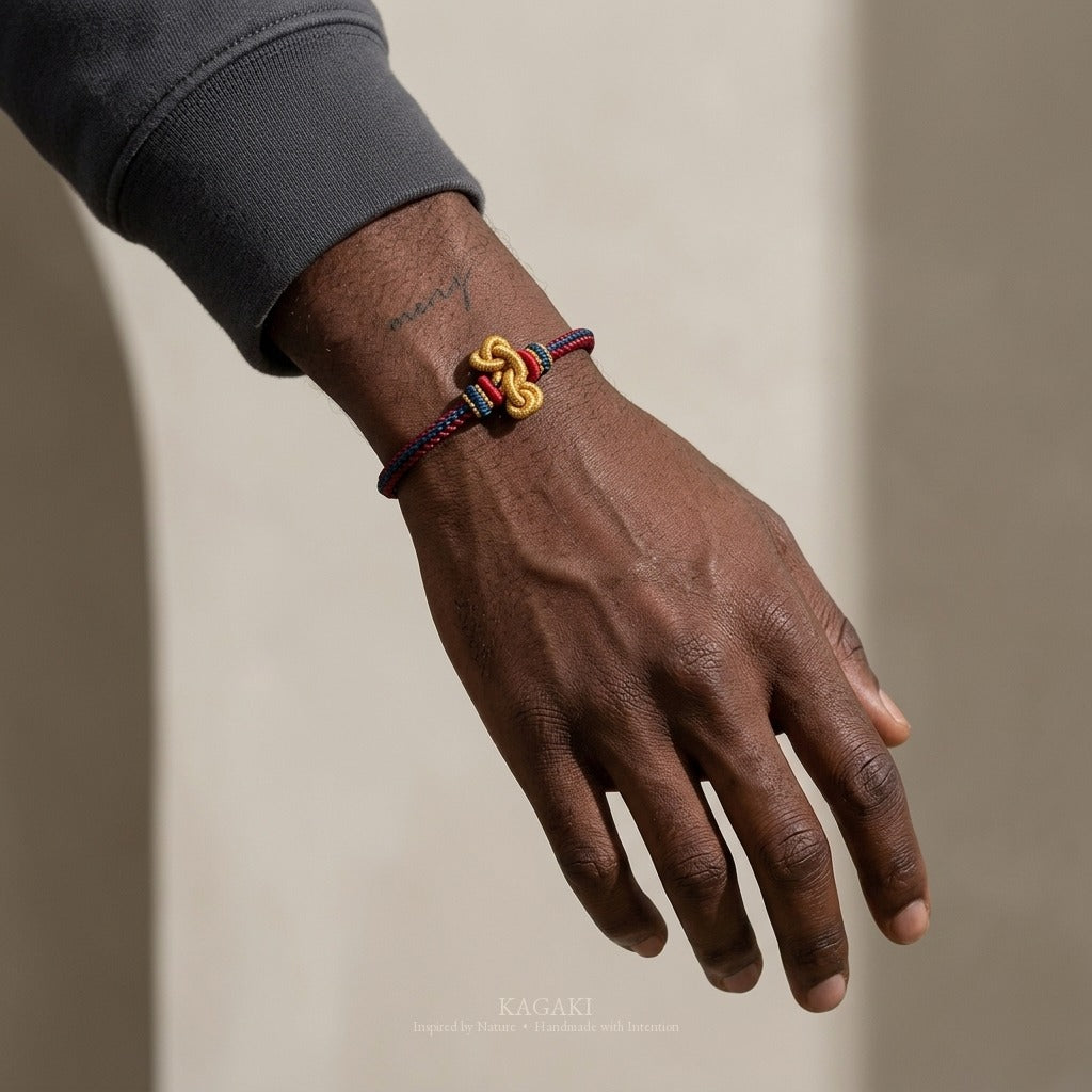 KAGAKI handmade Tibetan-inspired protection cord bracelet with gold thread detail — Vein – 脈 — — — on-wrist-luxury (5/14)
