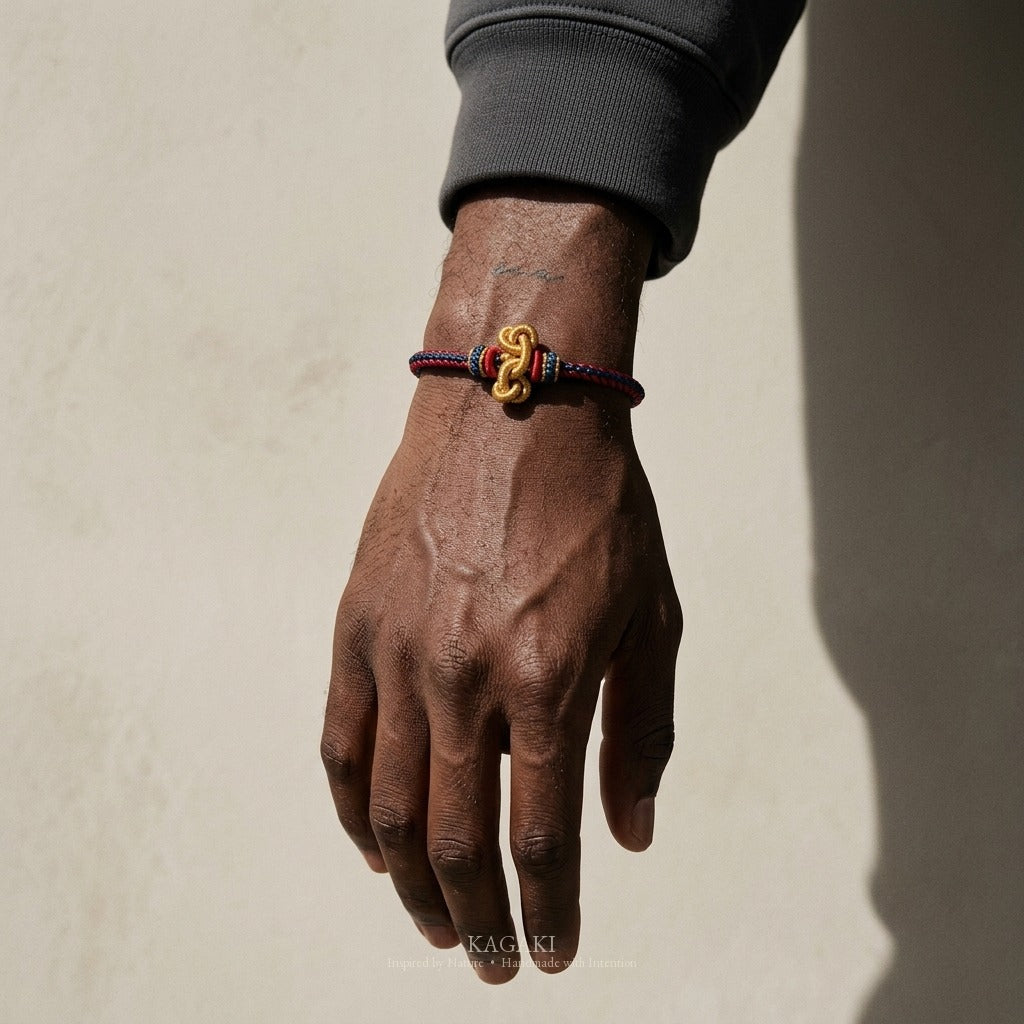 KAGAKI handmade Tibetan-inspired protection cord bracelet with gold thread detail — Vein – 脈 — Ember Vein — on-wrist-luxury-supplemental (9/14)