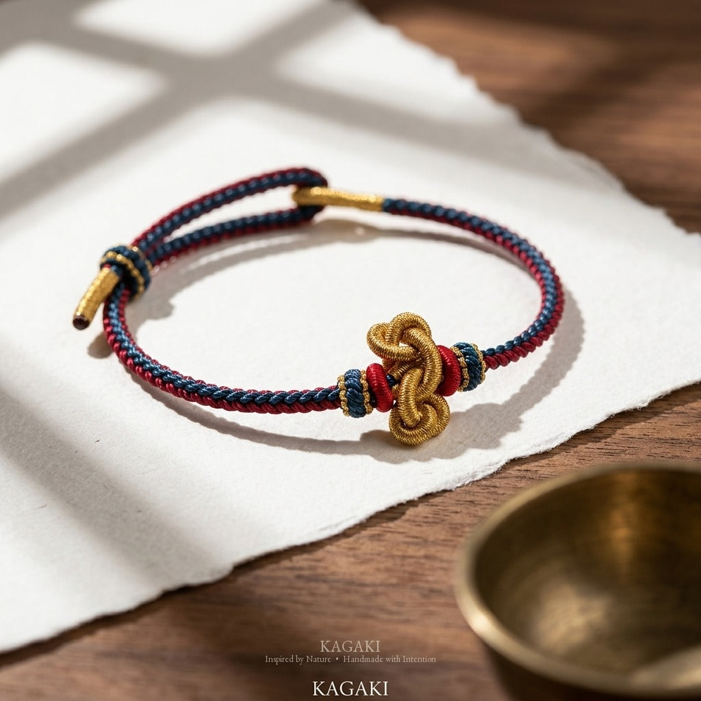 KAGAKI handmade Tibetan-inspired protection cord bracelet with gold thread detail — Vein – 脈 — Ember Vein — styled-scene-supplemental (8/14)