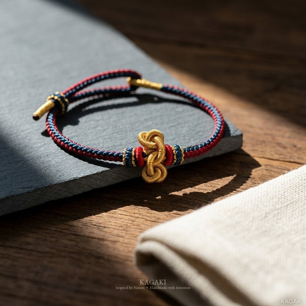 KAGAKI handmade Tibetan-inspired protection cord bracelet with gold thread detail — Vein – 脈 — — — styled-scene (1/14)