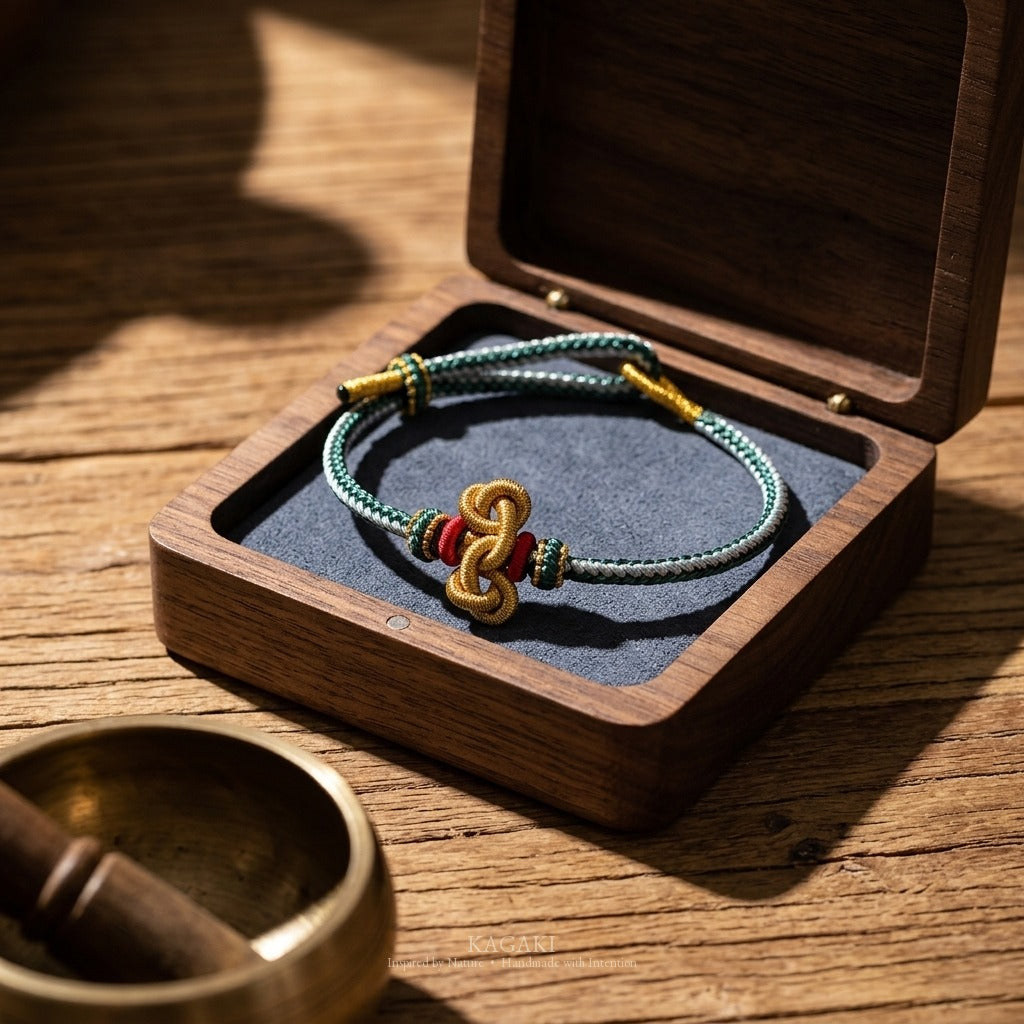 KAGAKI handmade Tibetan-inspired protection cord bracelet with gold thread detail — Vein – 脈 — — — styled-scene (2/14)