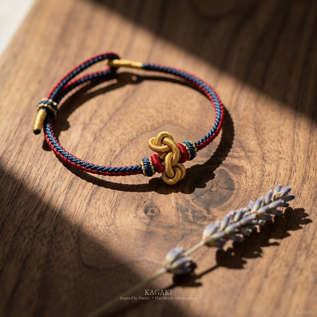 KAGAKI handmade Tibetan-inspired protection cord bracelet with gold thread detail — Vein – 脈 — — — styled-scene (3/14)