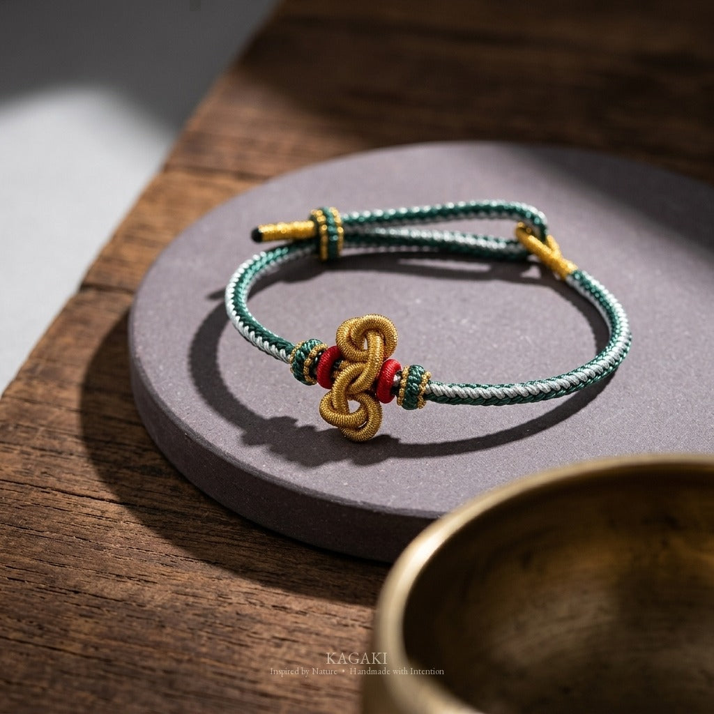 KAGAKI handmade Tibetan-inspired protection cord bracelet with gold thread detail — Vein – 脈 — — — styled-scene (4/14)