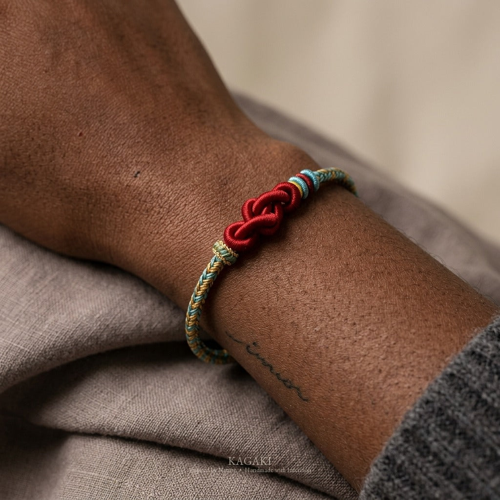 KAGAKI handmade Tibetan-inspired upward infinity knot cord bracelet — Rise – 起 — — — on-wrist-lifestyle (6/7)