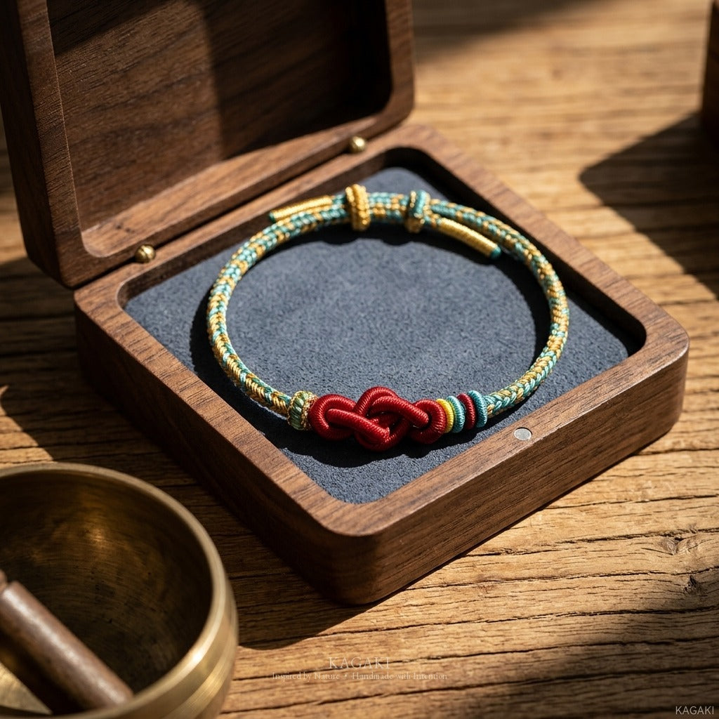 KAGAKI handmade Tibetan-inspired upward infinity knot cord bracelet — Rise – 起 — — — styled-scene (1/7)