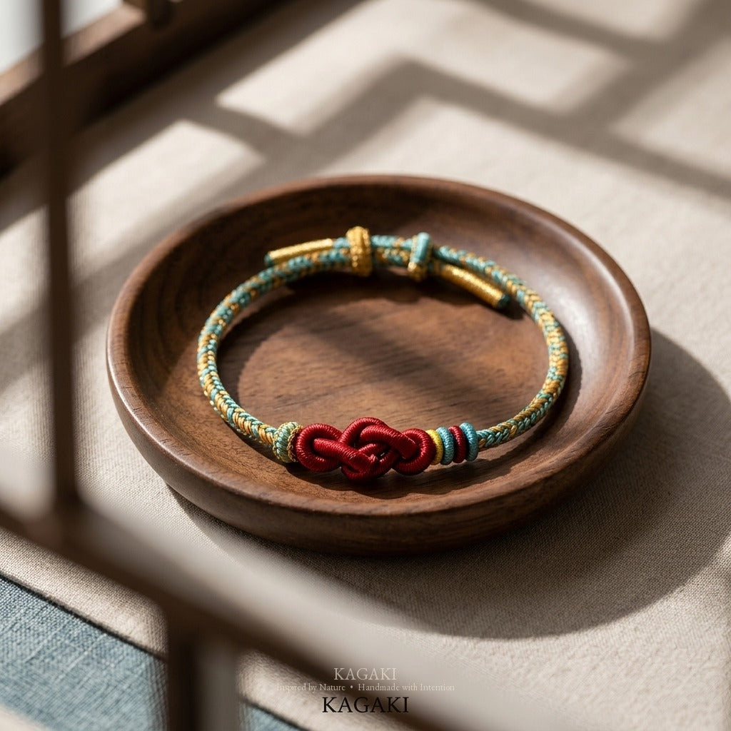 KAGAKI handmade Tibetan-inspired upward infinity knot cord bracelet — Rise – 起 — — — styled-scene (3/7)