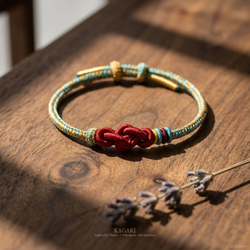 KAGAKI handmade Tibetan-inspired upward infinity knot cord bracelet — Rise – 起 — — — styled-scene (4/7)