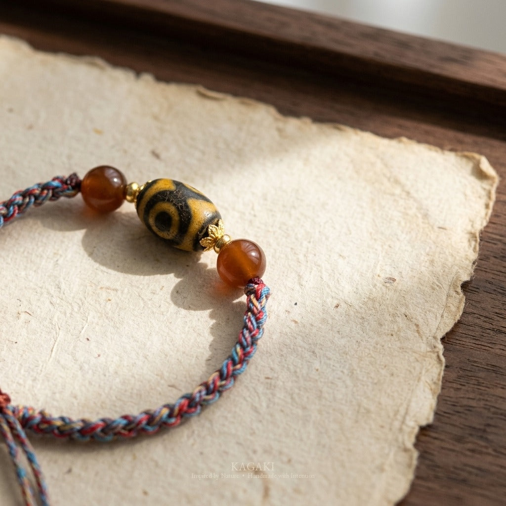 KAGAKI handmade Tibetan-inspired Dzi-style cord bracelet — Pilgrim – 旅 — editorial-detail (3/11)