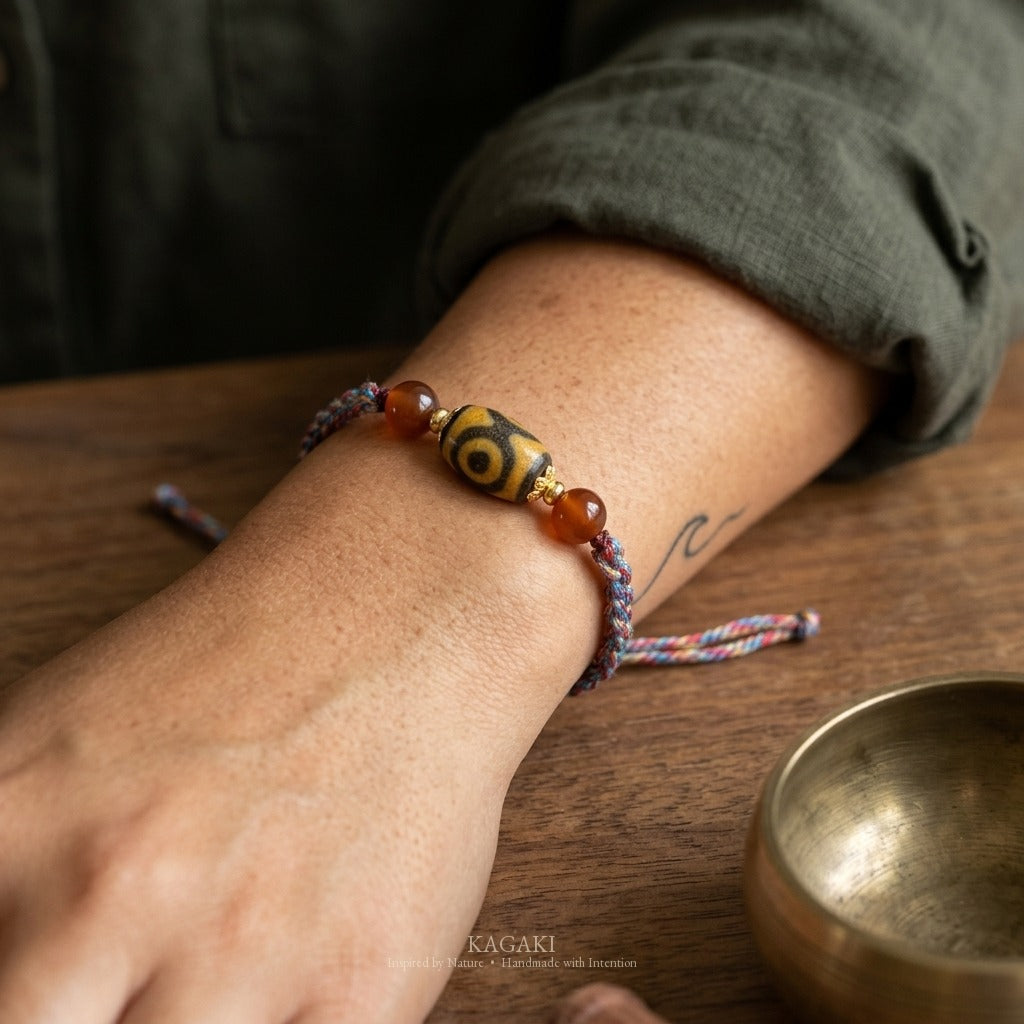 KAGAKI handmade Tibetan-inspired Dzi-style cord bracelet — Pilgrim – 旅 — on-wrist-lifestyle (5/11)