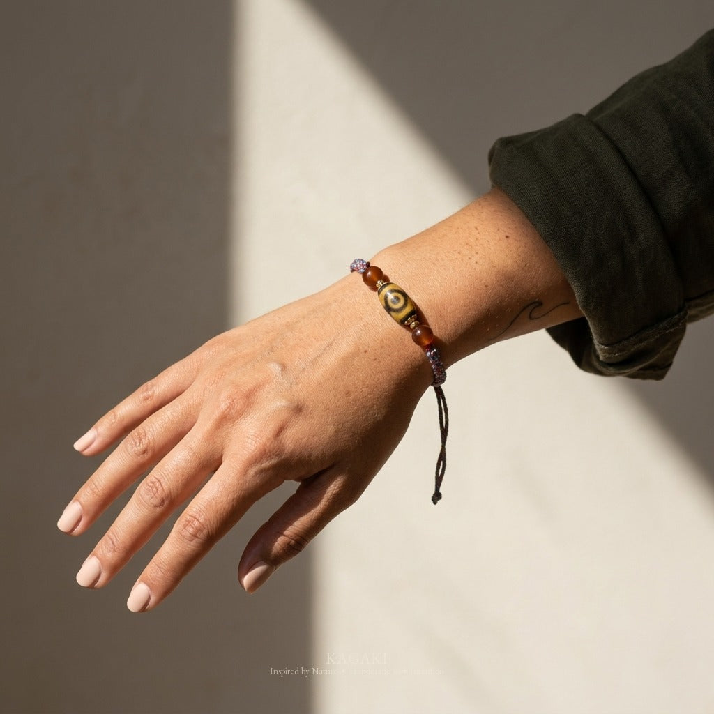 KAGAKI handmade Tibetan-inspired Dzi-style cord bracelet — Pilgrim – 旅 — on-wrist-luxury (4/11)