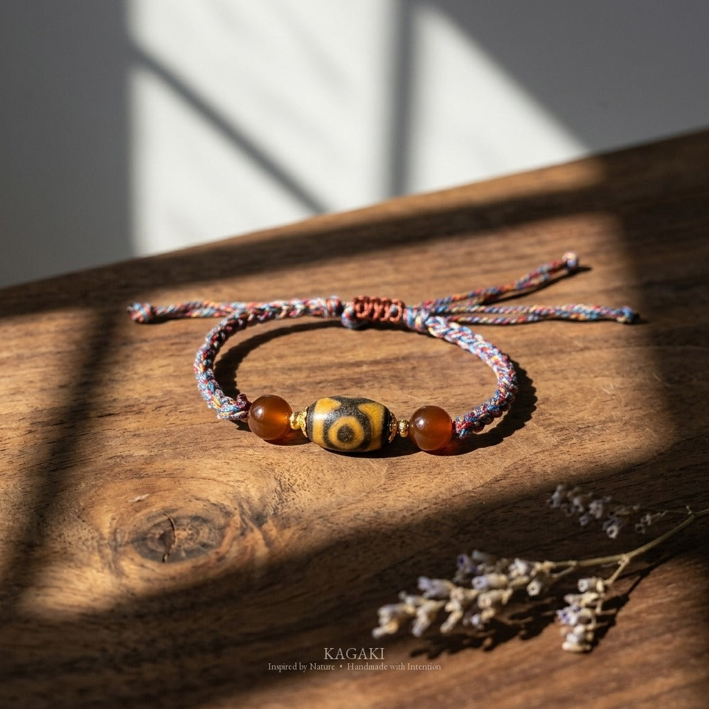 KAGAKI handmade Tibetan-inspired Dzi-style cord bracelet — Pilgrim – 旅 — styled-scene (1/11)