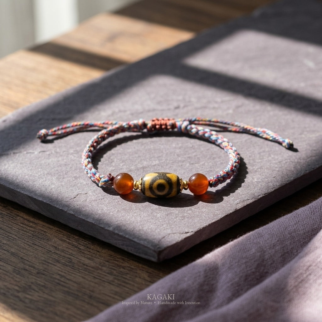KAGAKI handmade Tibetan-inspired Dzi-style cord bracelet — Pilgrim – 旅 — styled-scene (2/11)