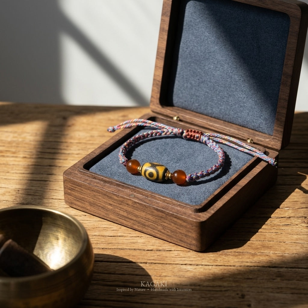 KAGAKI handmade Tibetan-inspired Dzi-style cord bracelet — Pilgrim – 旅 — styled-scene (6/11)