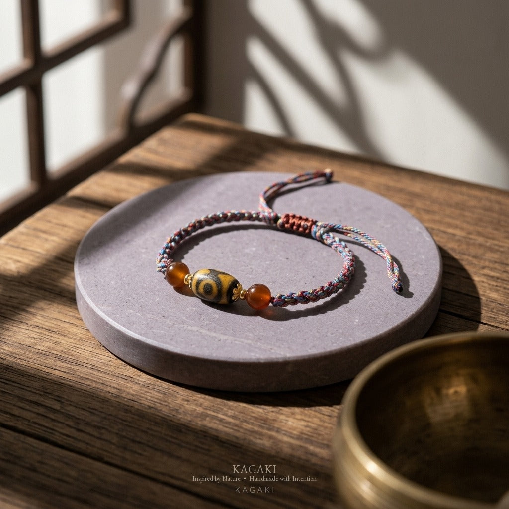 KAGAKI handmade Tibetan-inspired Dzi-style cord bracelet — Pilgrim – 旅 — styled-scene (7/11)