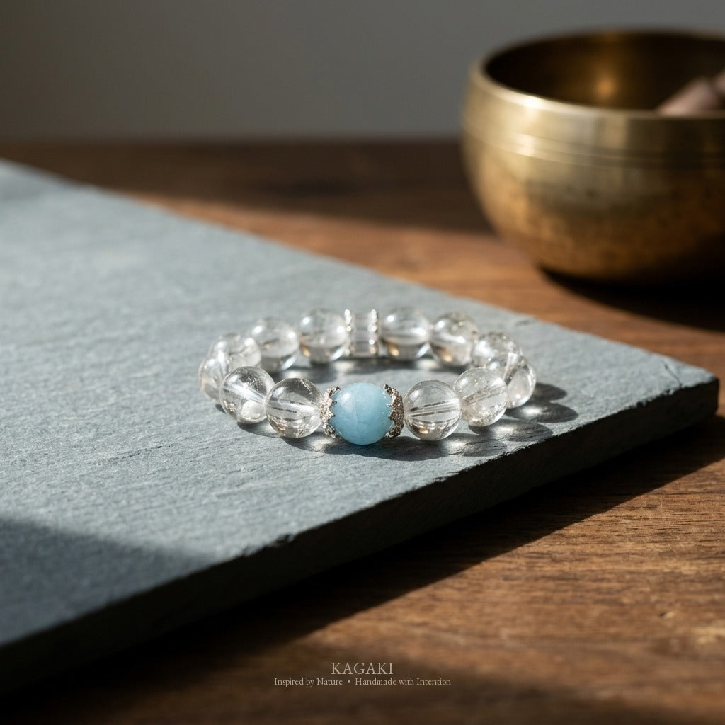 KAGAKI Cloud clear quartz aquamarine beaded bracelet, studio styled view, handmade clear quartz bracelet