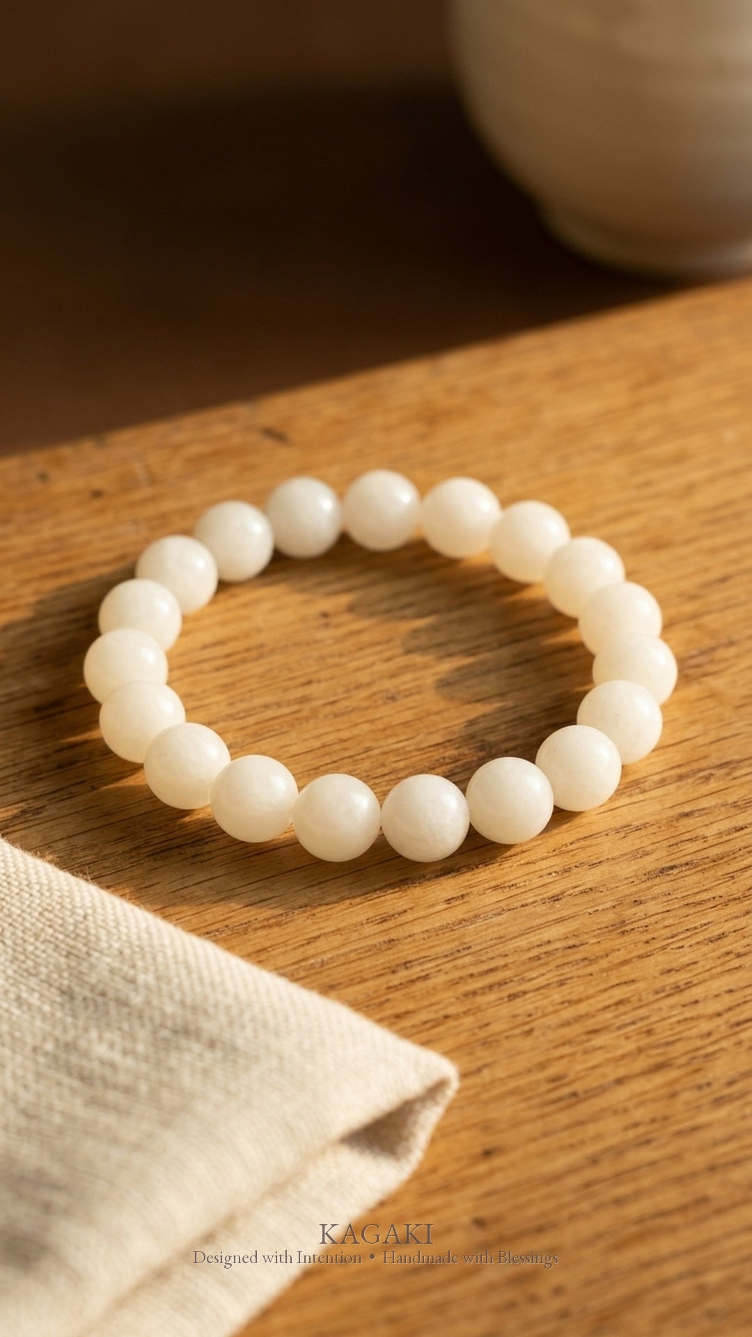 KAGAKI Snow white jade beaded stretch bracelet, editorial vertical, handmade white jade bracelet