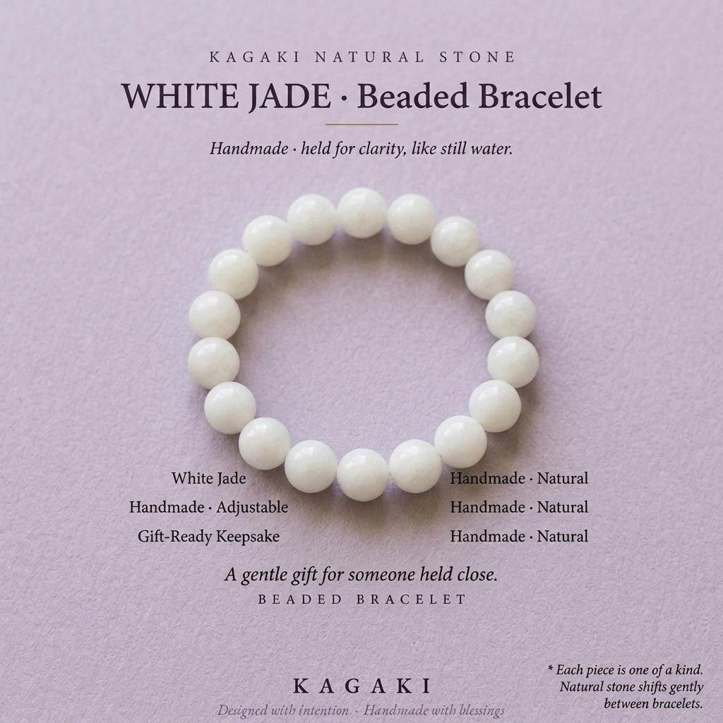 KAGAKI Snow white jade beaded stretch bracelet, editorial text card, handmade white jade bracelet