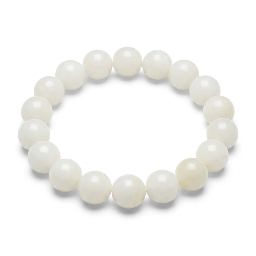 KAGAKI Snow white jade beaded stretch bracelet, white background product view, handmade white jade bracelet