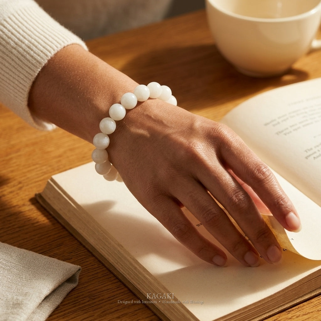 KAGAKI Snow white jade beaded stretch bracelet, worn view, handmade white jade bracelet