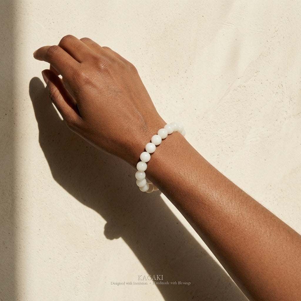 KAGAKI Snow white jade beaded stretch bracelet, worn view, handmade white jade bracelet