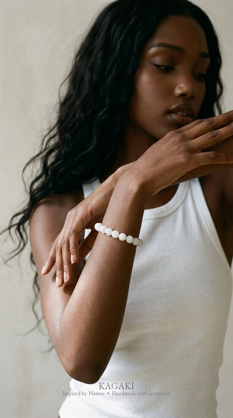 KAGAKI Snow white jade beaded stretch bracelet, worn view, handmade white jade bracelet