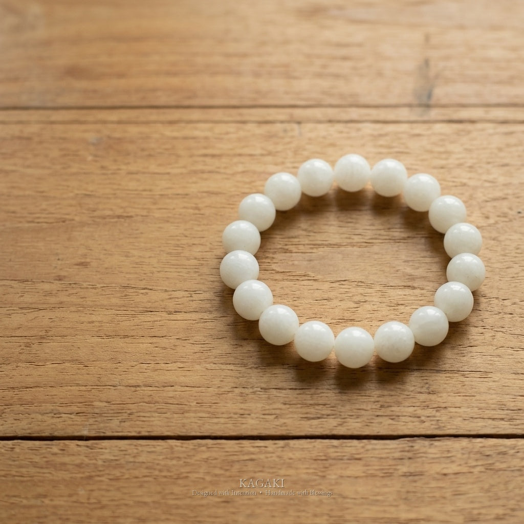 KAGAKI Snow white jade beaded stretch bracelet, studio styled view, handmade white jade bracelet