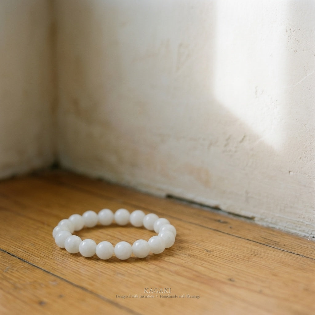 KAGAKI Snow white jade beaded stretch bracelet, studio styled view, handmade white jade bracelet