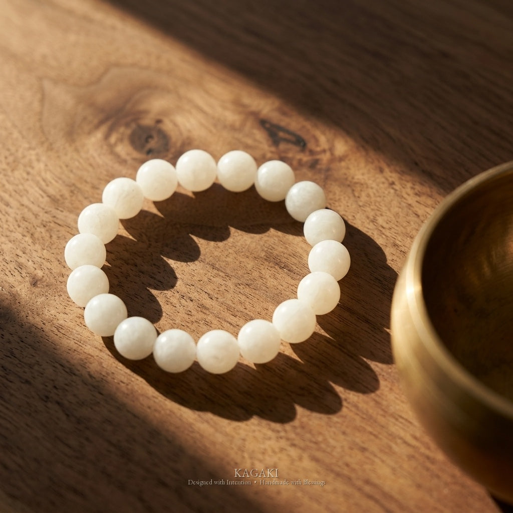 KAGAKI Snow white jade beaded stretch bracelet, studio styled view, handmade white jade bracelet