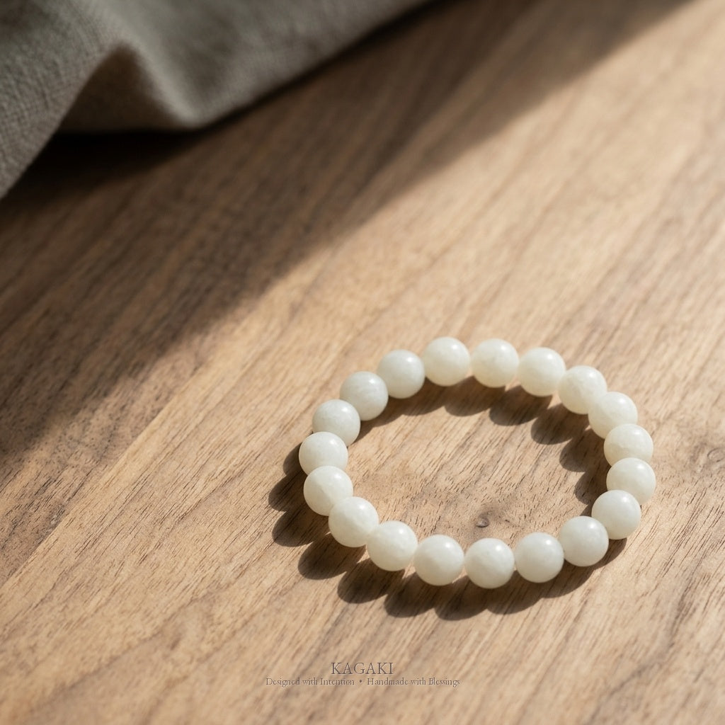 KAGAKI Snow white jade beaded stretch bracelet, studio styled view, handmade white jade bracelet