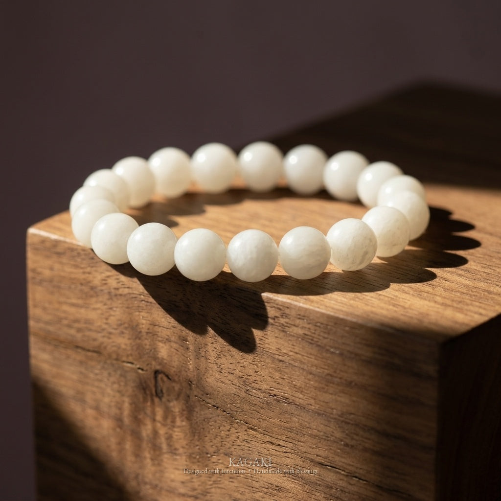 KAGAKI Snow white jade beaded stretch bracelet, studio styled view, handmade white jade bracelet