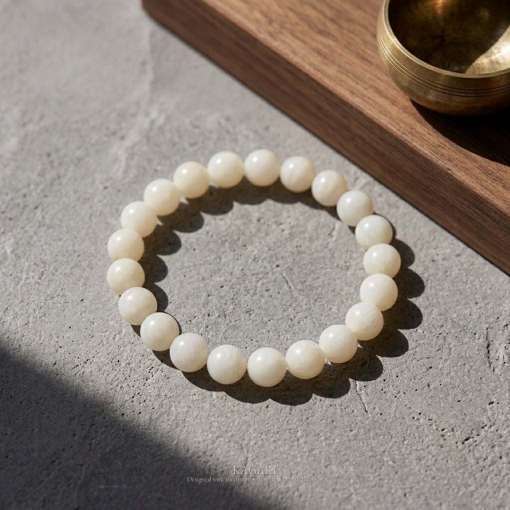 KAGAKI Snow white jade beaded stretch bracelet, studio styled view, handmade white jade bracelet