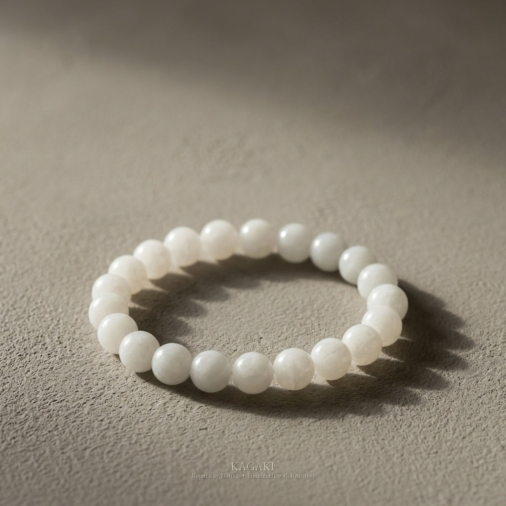 KAGAKI Snow white jade beaded stretch bracelet, studio styled view, handmade white jade bracelet