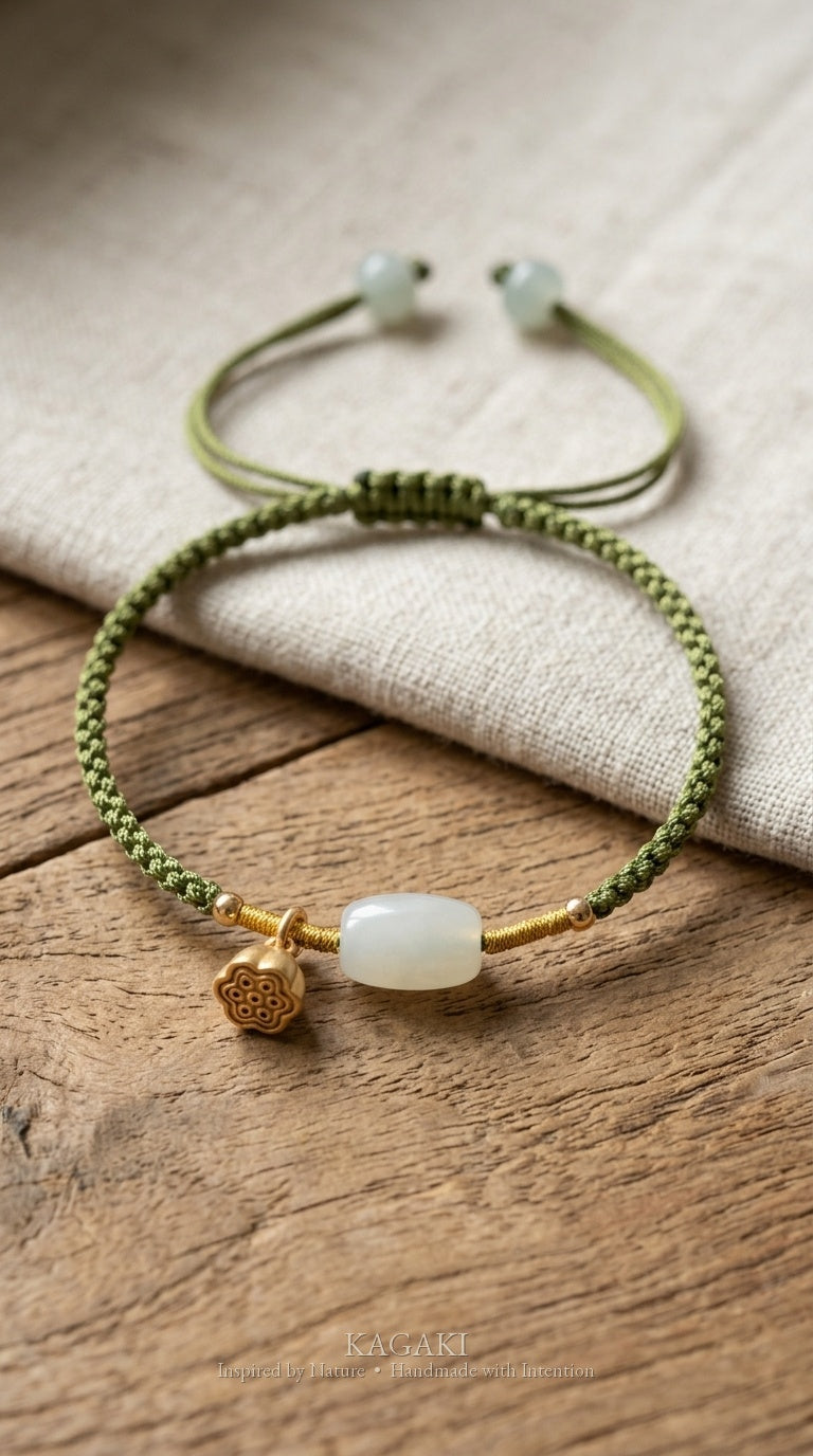 KAGAKI Pond green jade gold lotus pod charm bracelet, editorial vertical, handmade green jade bracelet