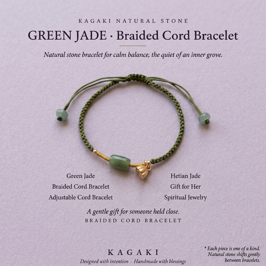 KAGAKI Pond green jade gold lotus pod charm bracelet, editorial text card, handmade green jade bracelet