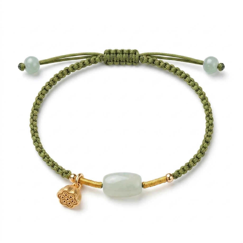 KAGAKI Pond green jade gold lotus pod charm bracelet, white background product view, handmade green jade bracelet