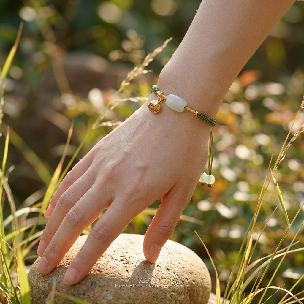 KAGAKI Pond green jade gold lotus pod charm bracelet, worn on wrist, handmade green jade bracelet