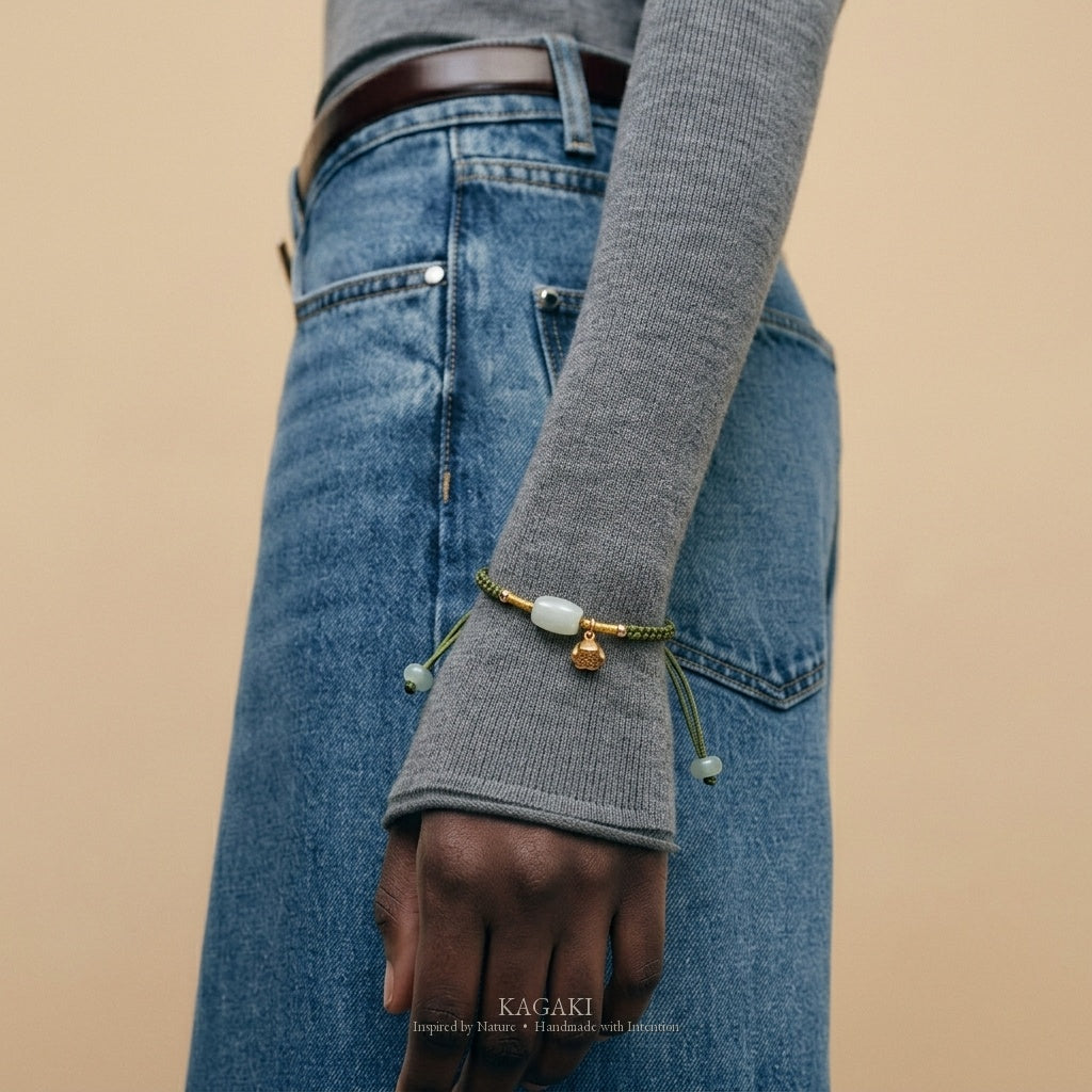 KAGAKI Pond green jade gold lotus pod charm bracelet, worn on wrist, handmade green jade bracelet