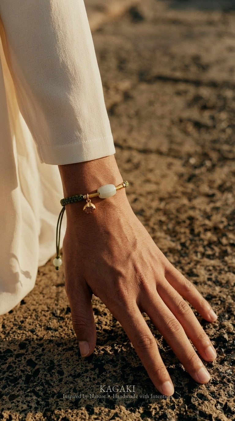 KAGAKI Pond green jade gold lotus pod charm bracelet, worn on wrist, handmade green jade bracelet
