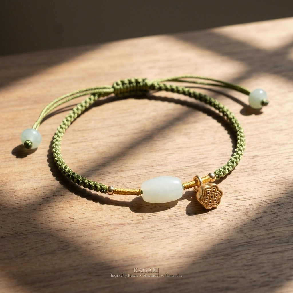 KAGAKI Pond green jade gold lotus pod charm bracelet, studio styled view, handmade green jade bracelet
