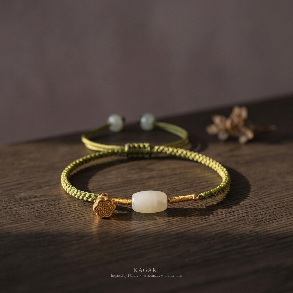 KAGAKI Pond green jade gold lotus pod charm bracelet, studio styled view, handmade green jade bracelet