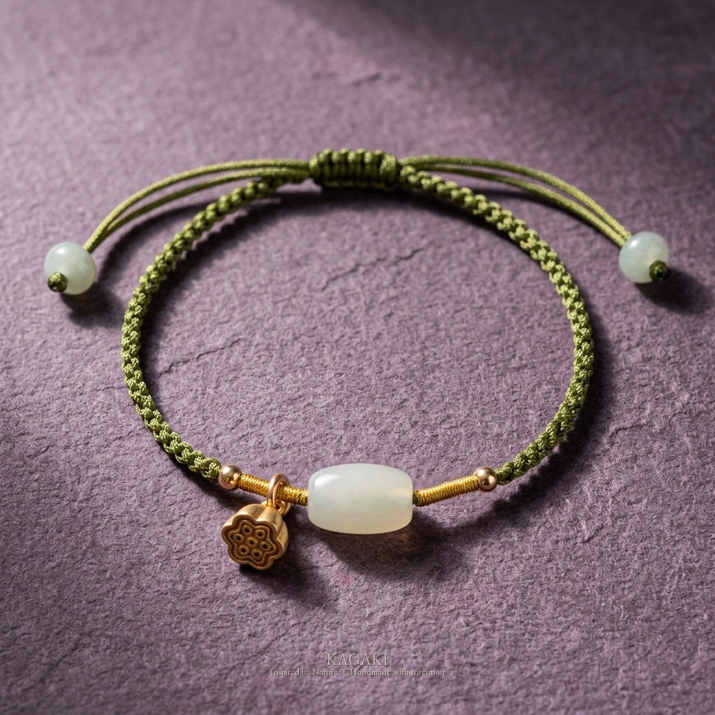 KAGAKI Pond green jade gold lotus pod charm bracelet, studio styled view, handmade green jade bracelet