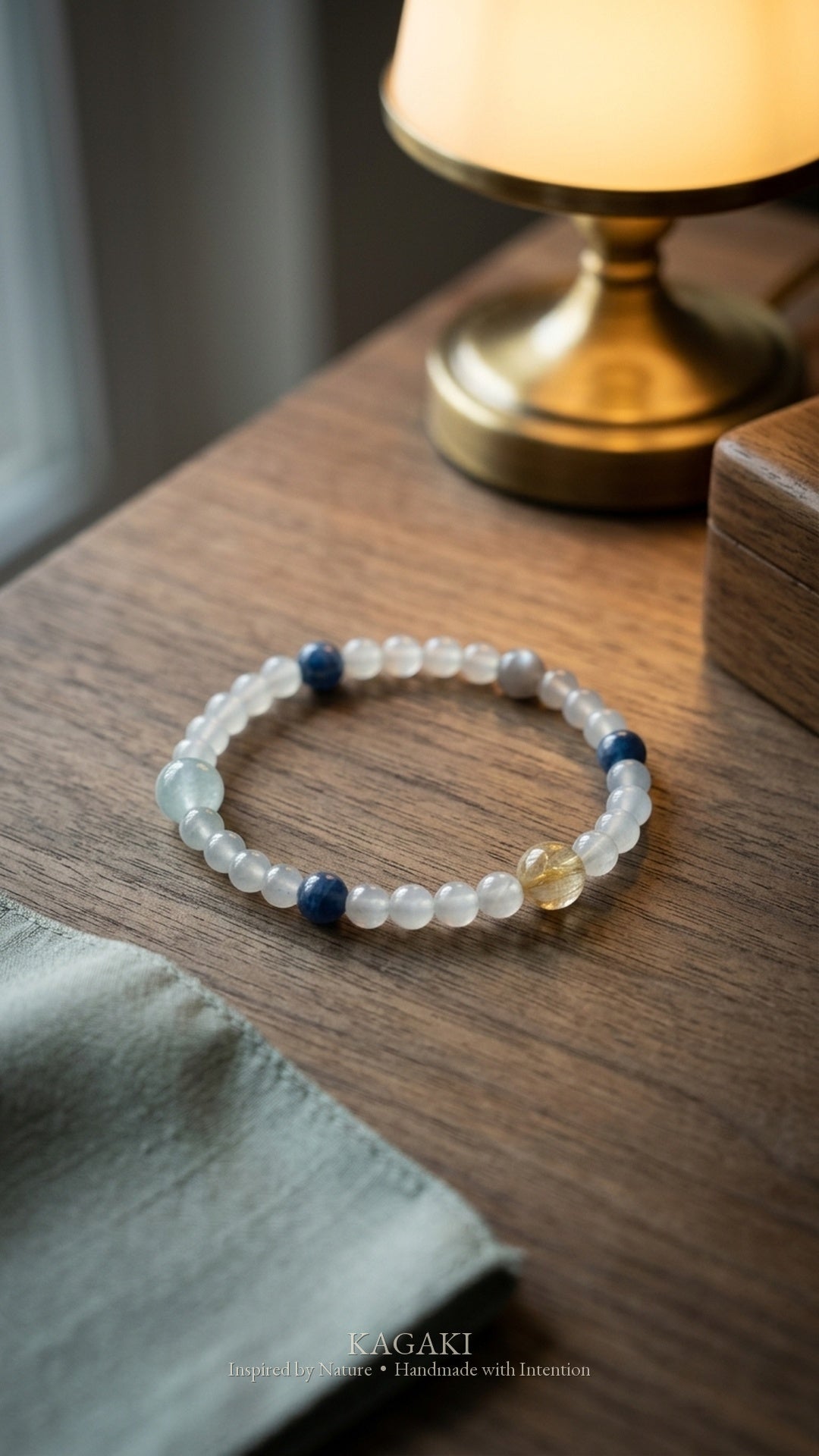 KAGAKI Wish white moonstone intention bracelet, editorial vertical, handmade moonstone bracelet