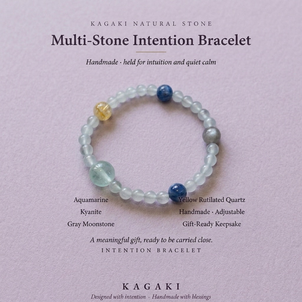 KAGAKI Wish white moonstone intention bracelet, editorial text card, handmade moonstone bracelet