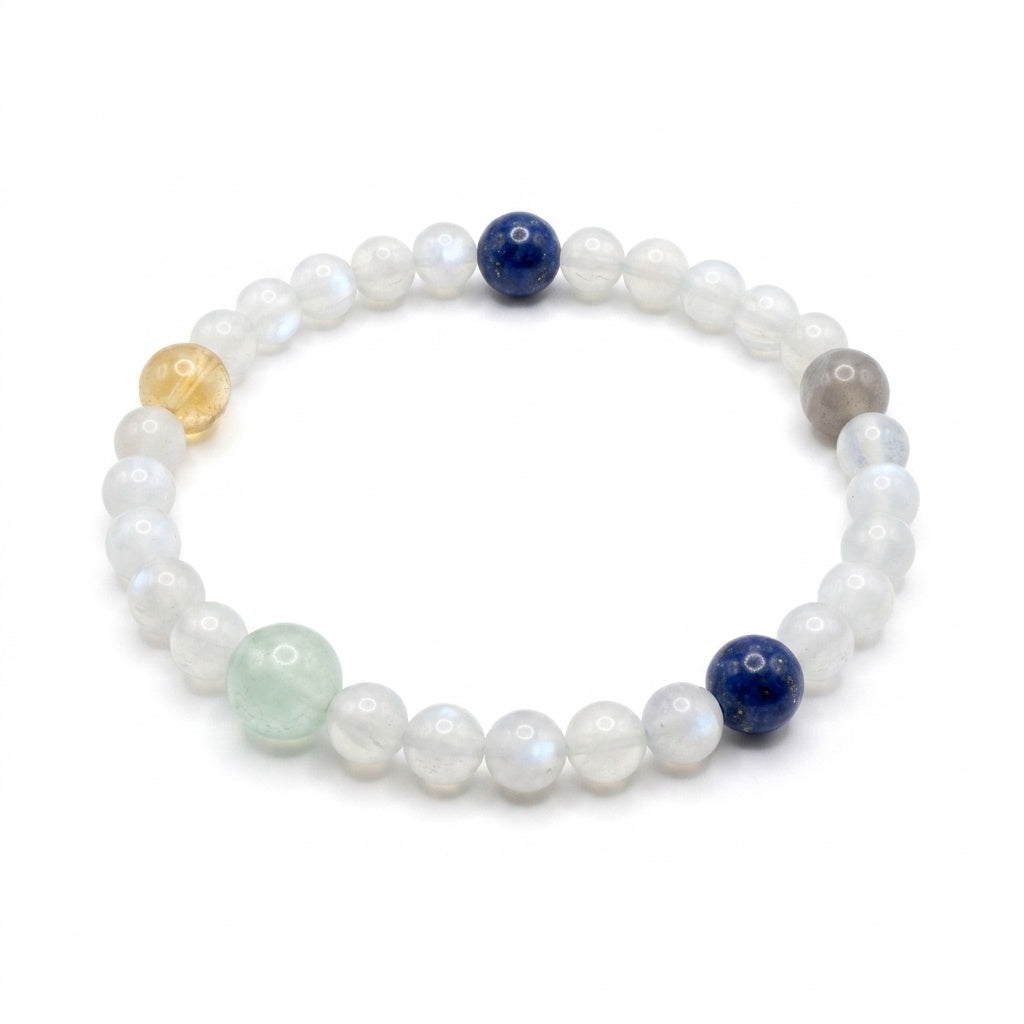 KAGAKI Wish white moonstone intention bracelet, white background product view, handmade moonstone bracelet