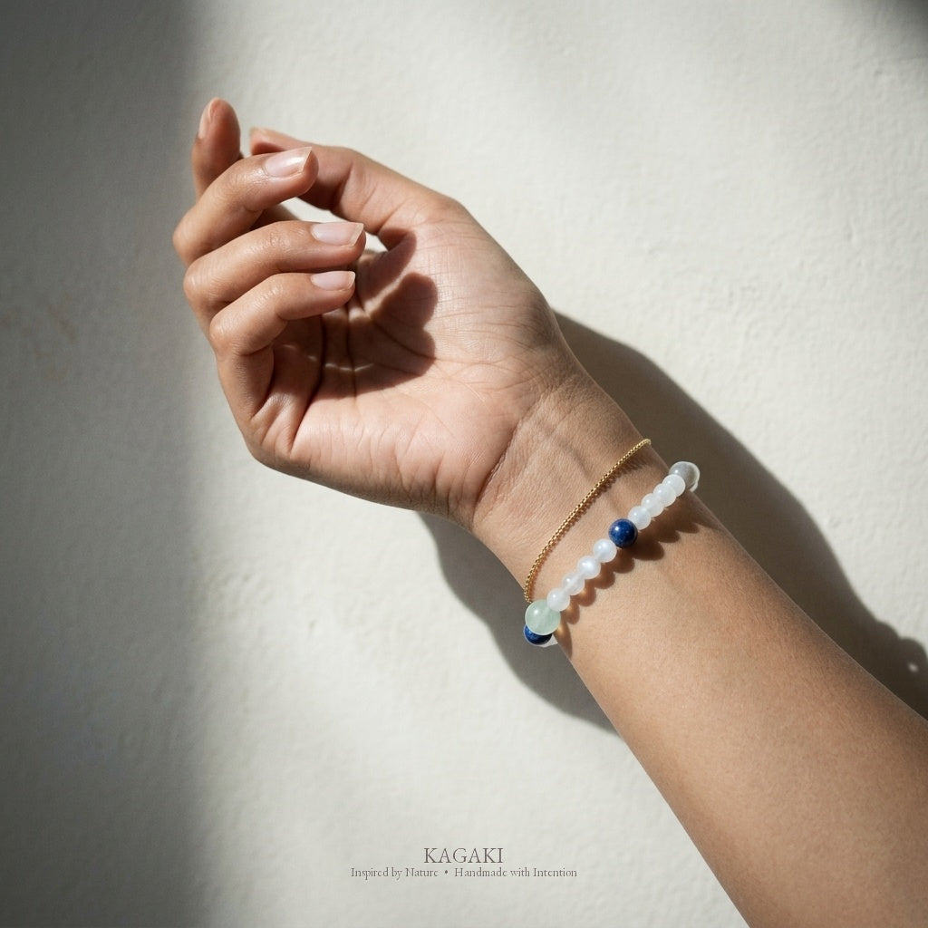 KAGAKI Wish white moonstone intention bracelet, worn view, handmade moonstone bracelet