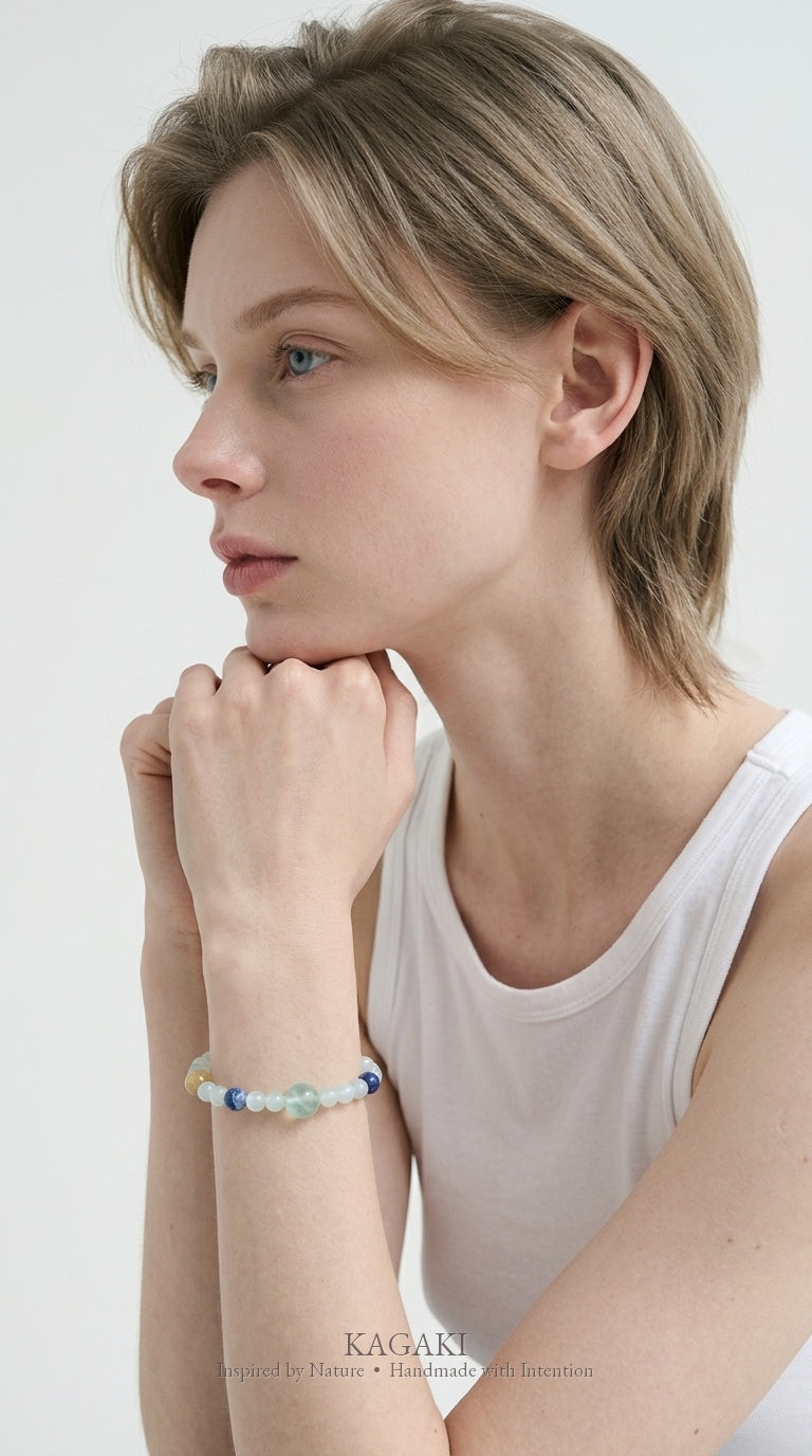KAGAKI Wish white moonstone intention bracelet, worn view, handmade moonstone bracelet
