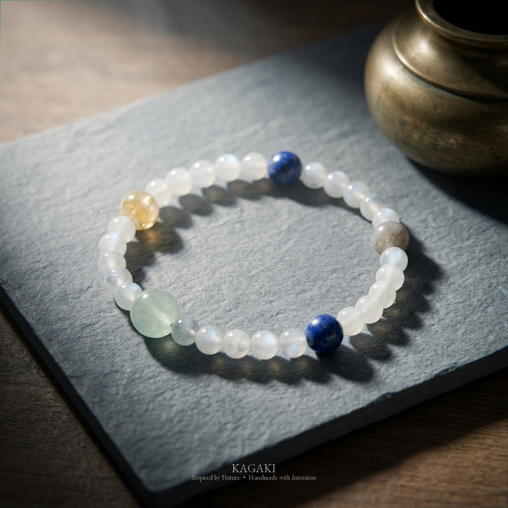 KAGAKI Wish white moonstone intention bracelet, studio styled view, handmade moonstone bracelet