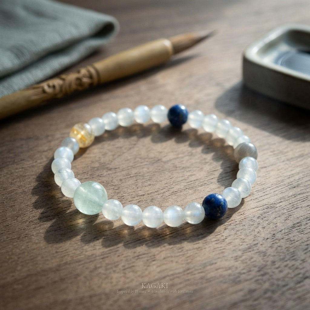 KAGAKI Wish white moonstone intention bracelet, studio styled view, handmade moonstone bracelet