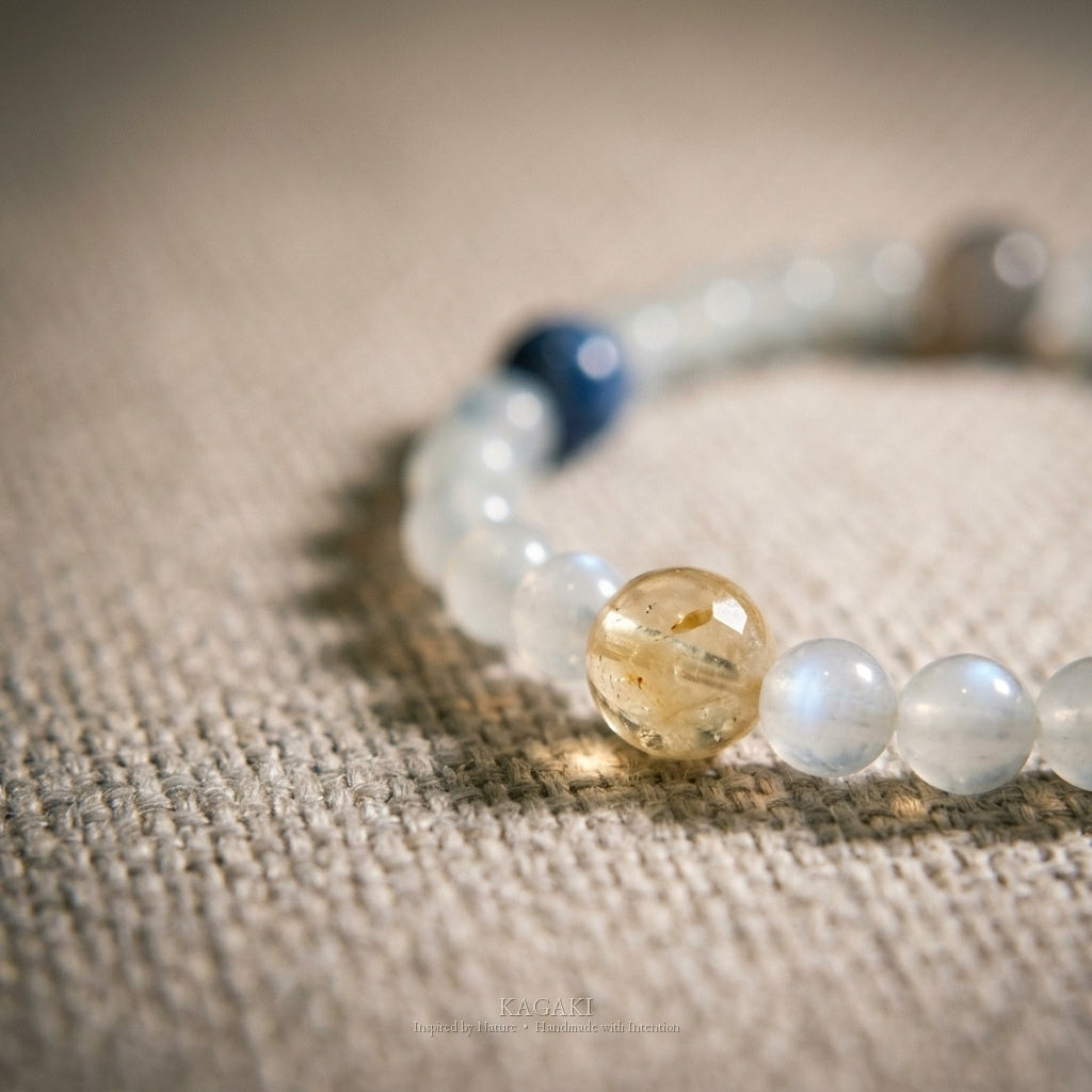 KAGAKI Wish white moonstone intention bracelet, studio styled view, handmade moonstone bracelet