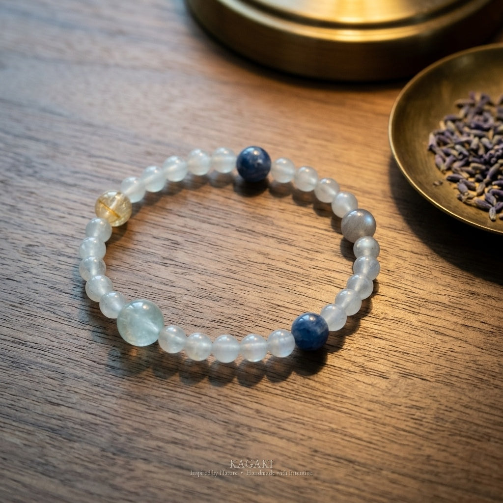 KAGAKI Wish white moonstone intention bracelet, studio styled view, handmade moonstone bracelet